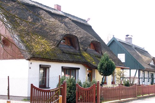 schilfgedeckte Wohnhäuser an der Dorfstraße zeigt schilfgedeckte Wohngebäude an der Dorfstraße