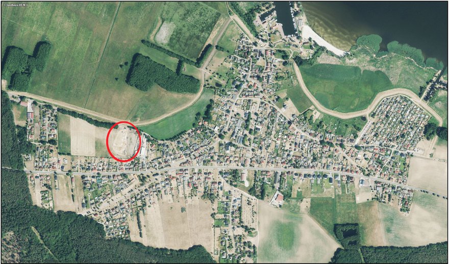 zeigt Luftbild mit Lage des Baugebietes in der Gemeinde